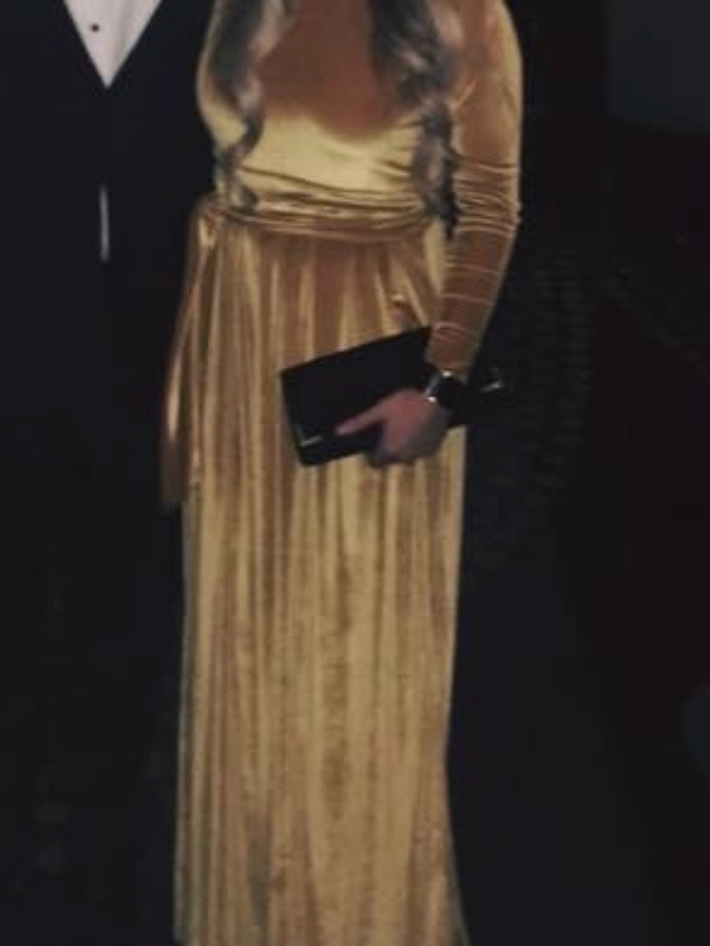 Long-Sleeve Velvet Maxi Dress with Self-Tie Waist — Gold